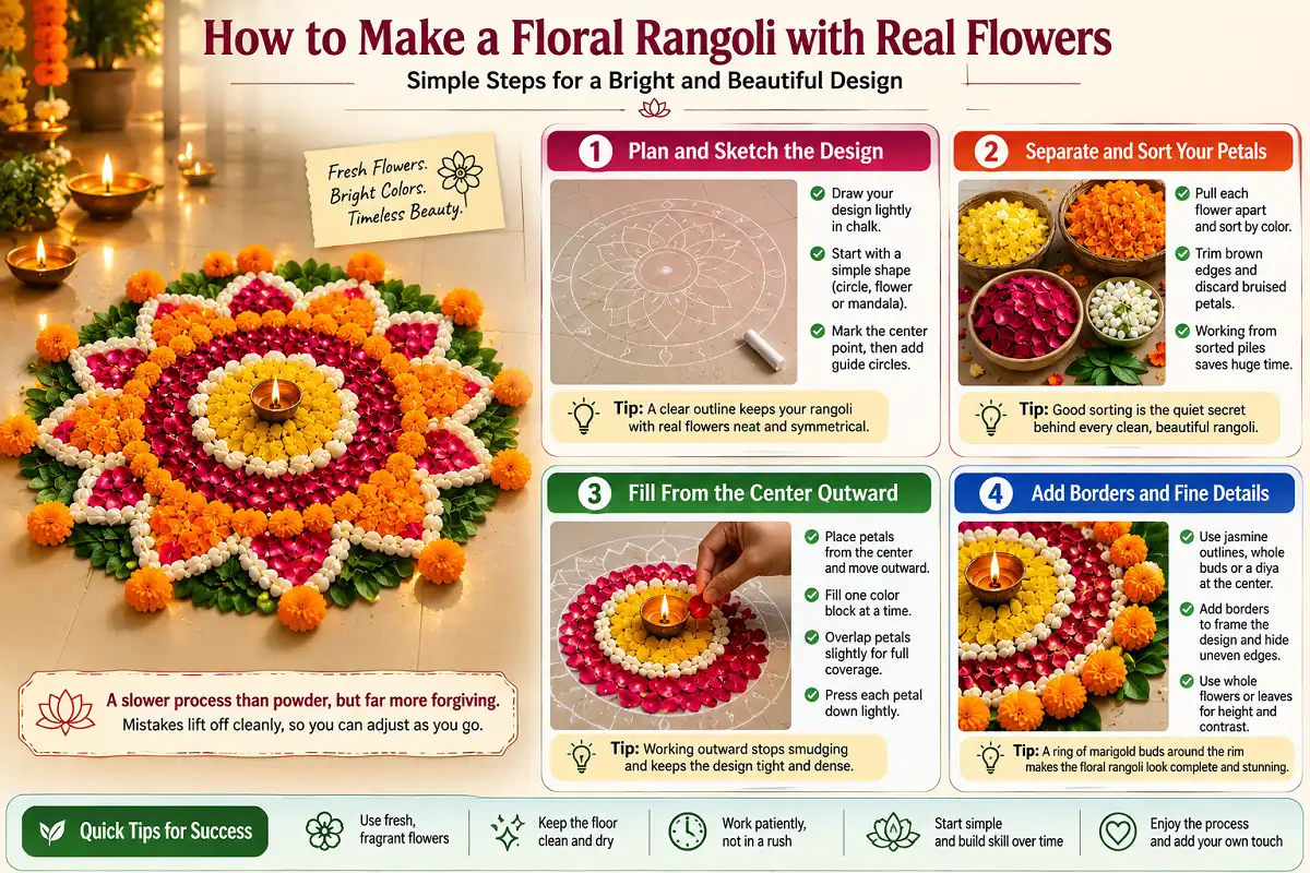 Step-by-step infographic showing how to make a floral rangoli with real flowers.