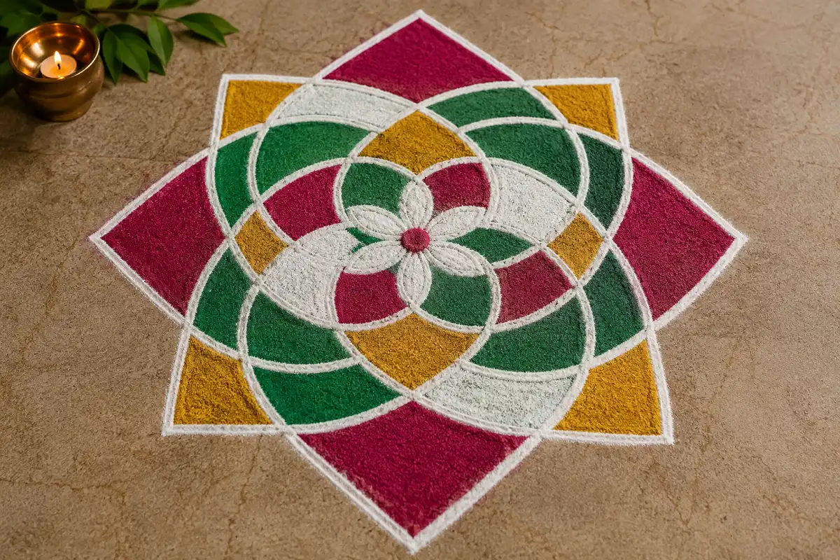 Colorful interlocking geometric rangoli with circles, diamonds and squares on a stone floor