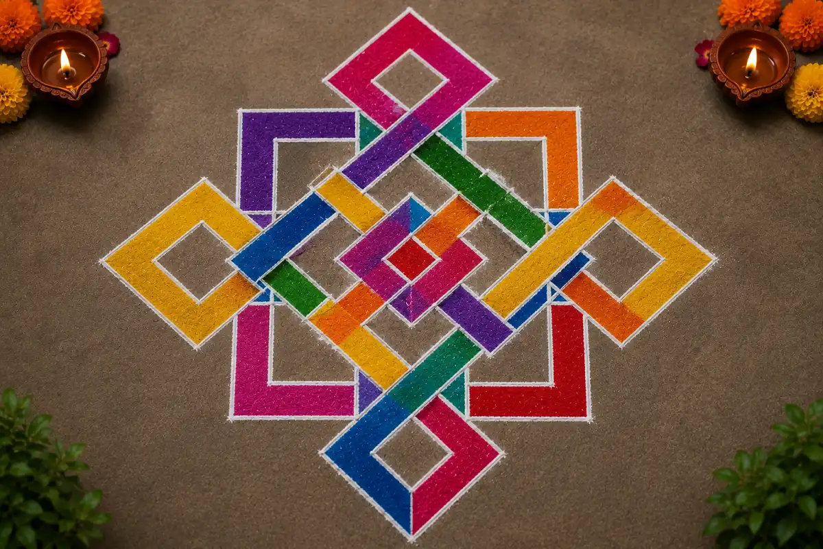 Colorful interlocking square Rangoli with geometric shapes