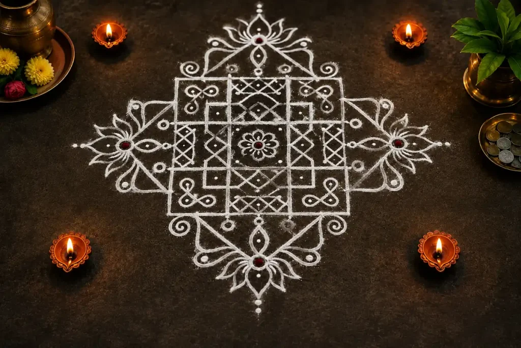 Traditional Kubera Kolam Rangoli with diyas and flowers
