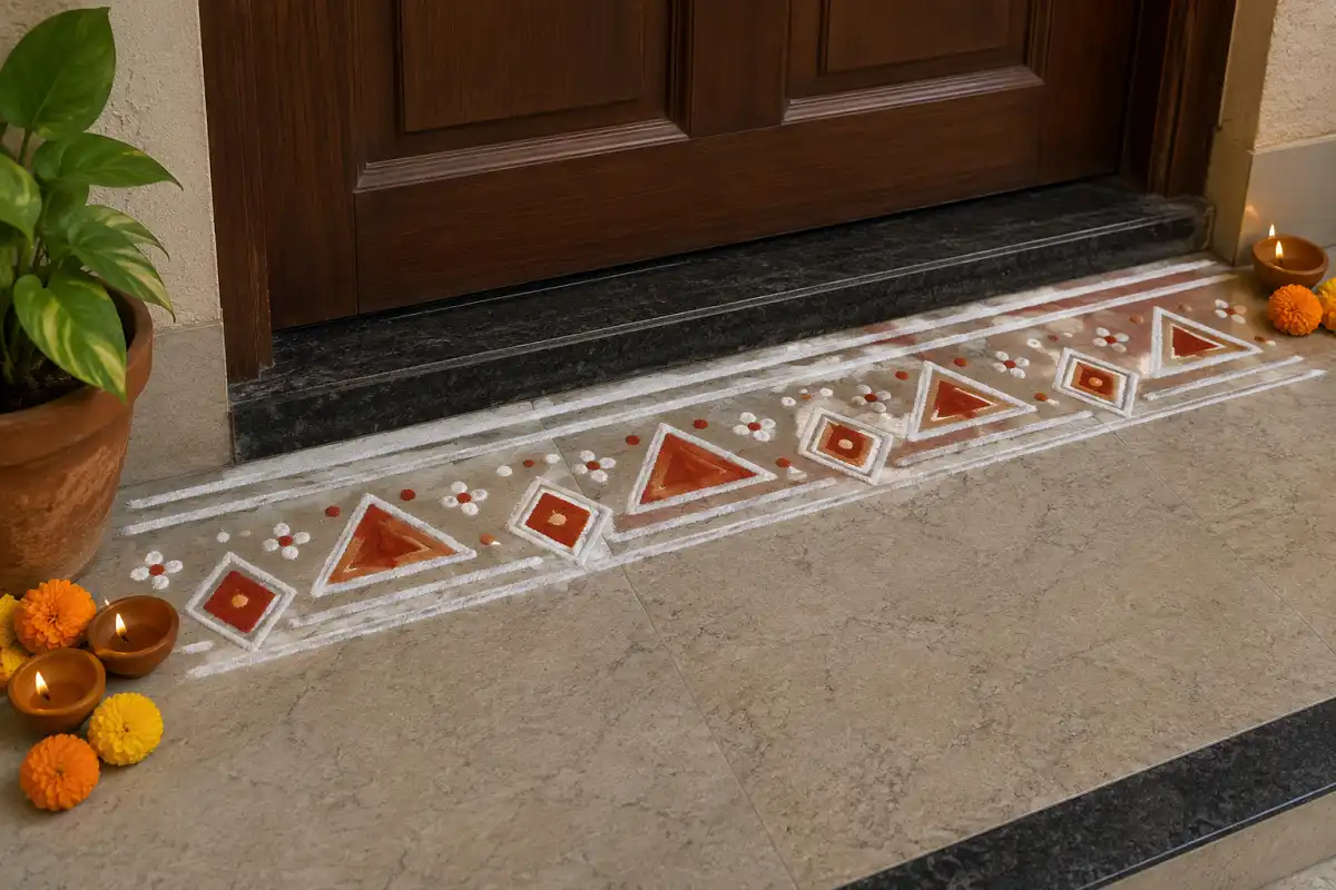 Linear border rangoli with red and white geometric triangles, diamonds, squares and dots