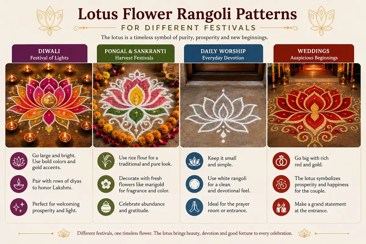 Infographic showing lotus rangoli designs for Diwali, Pongal, daily worship, and weddings.