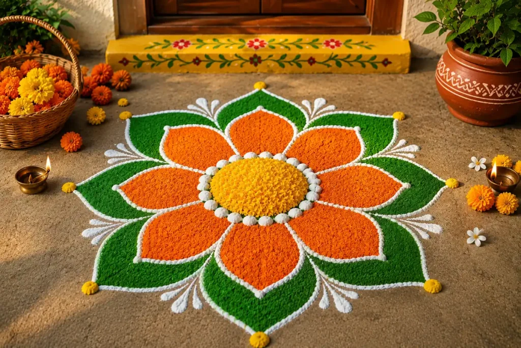 Marigold-inspired rangoli with orange flowers, green leaves, and white accents
