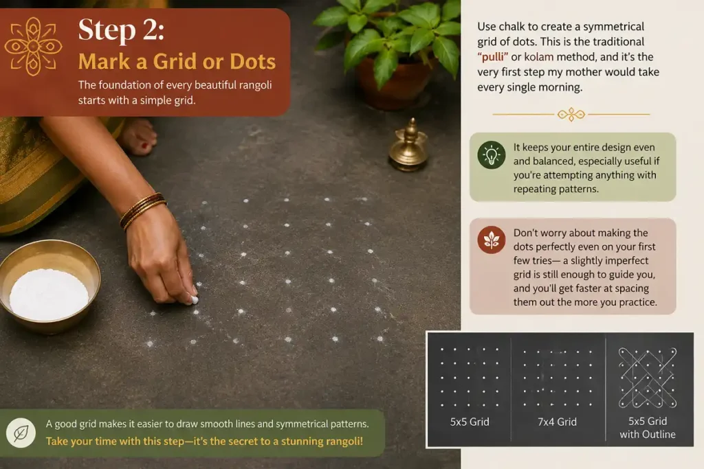 Mark a grid or dots before sketching a balanced rangoli design