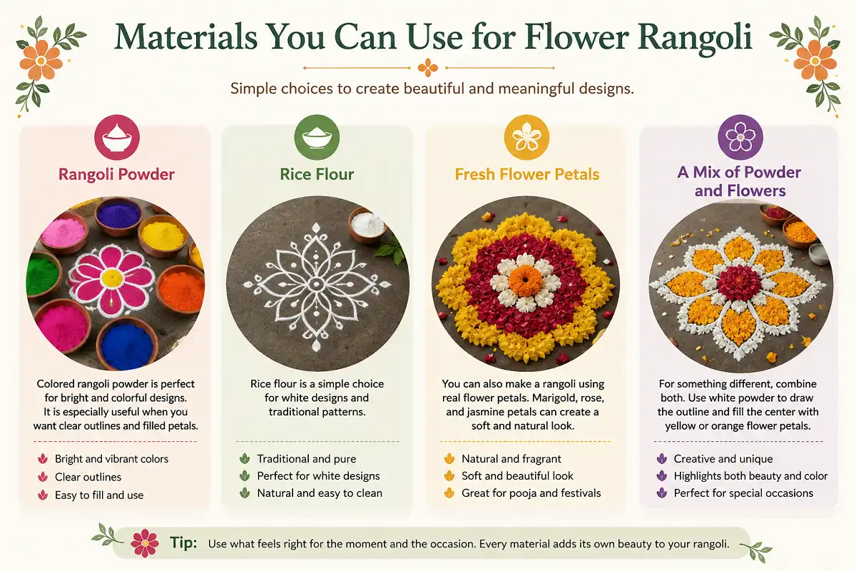 Infographic showing rangoli powder, rice flour, flower petals, and mixed rangoli materials