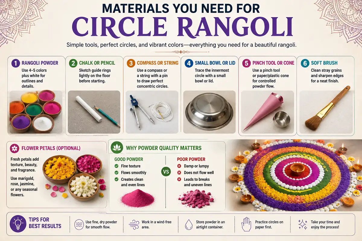 Infographic showing tools and materials needed to create concentric circle rangoli.