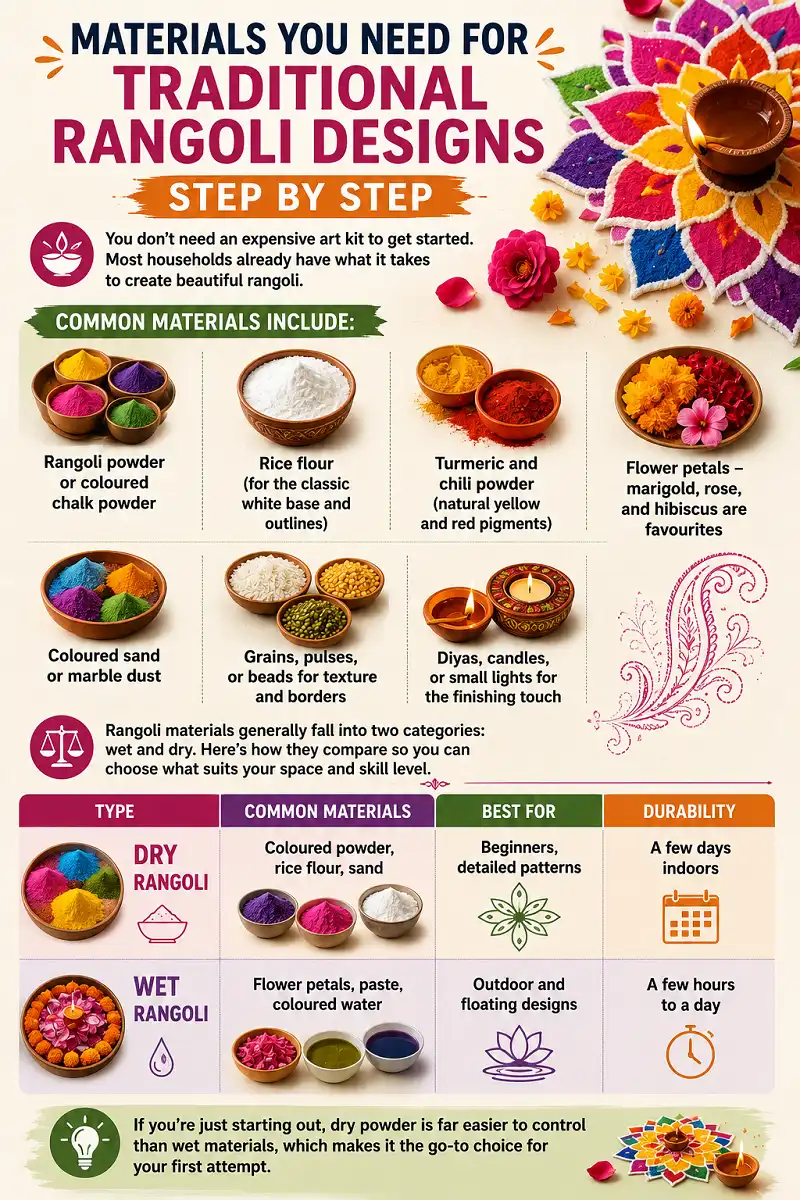 Traditional rangoli materials and a comparison of dry and wet rangoli designs.