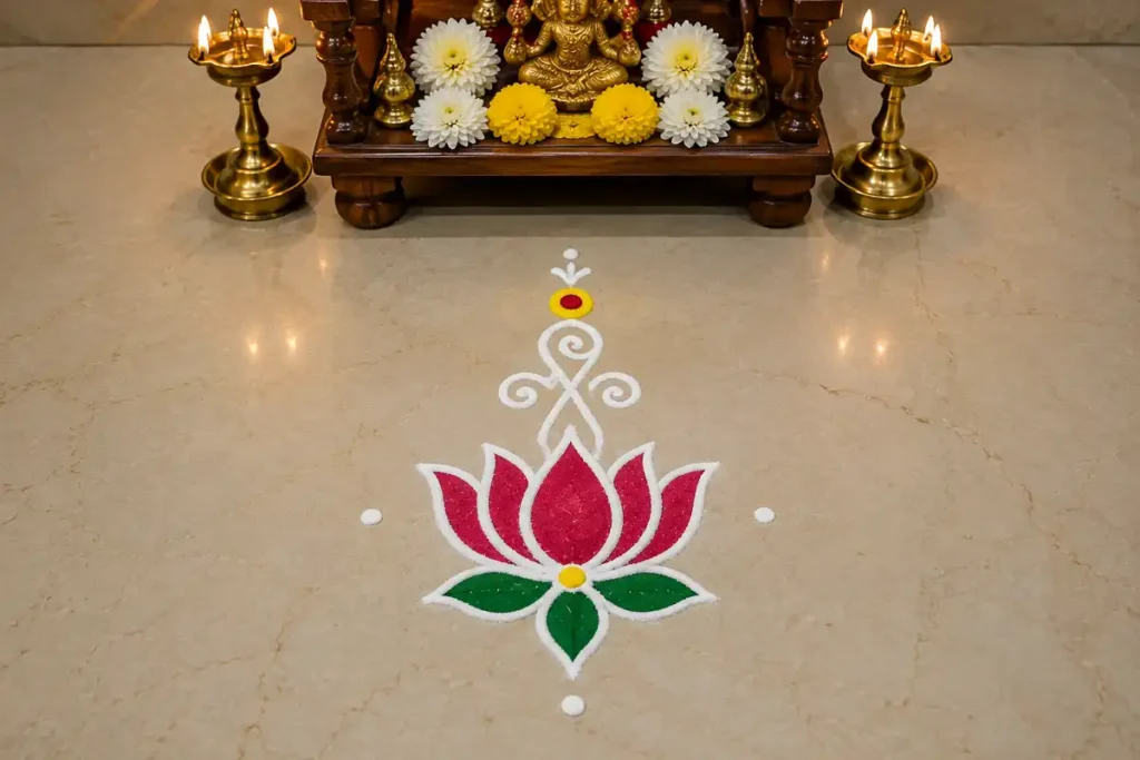 Minimal daily pooja rangoli with a simple lotus design in front of a home temple, decorated with diyas and flowers.