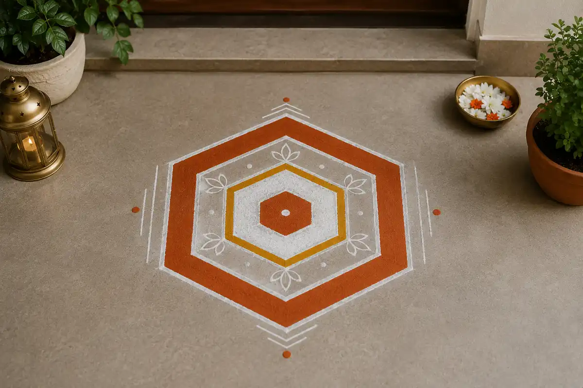 Minimal hexagon rangoli with white, terracotta and gold accents in a modern entryway