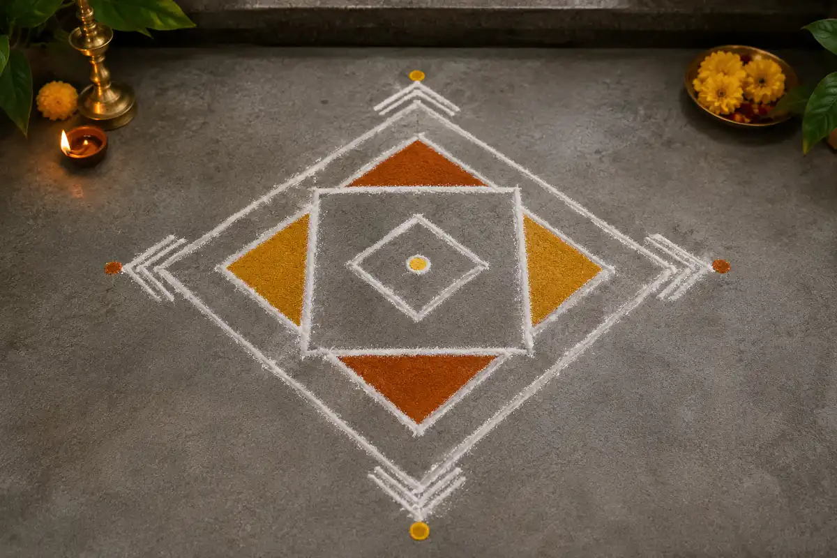 Minimal square rangoli with white geometric lines and warm terracotta and gold accents