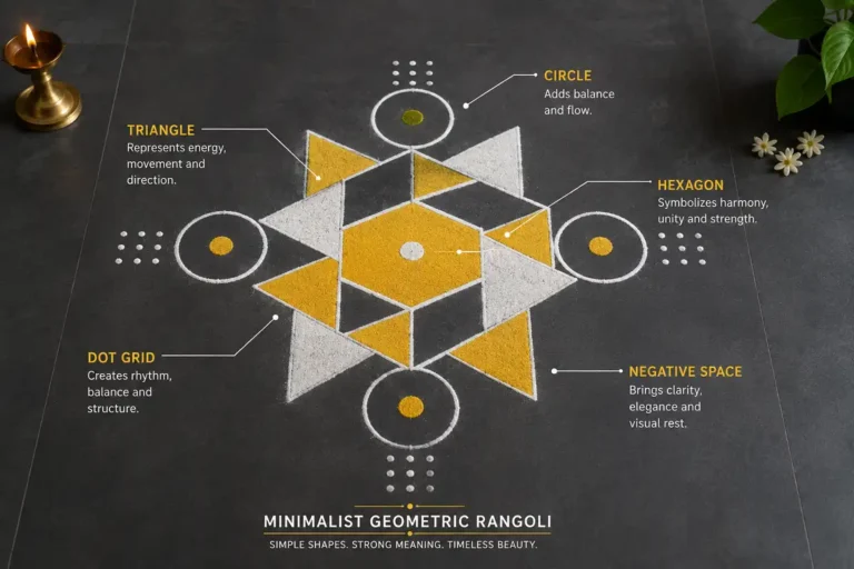 Labeled minimalist geometric rangoli showing triangles, hexagon, circles, and open space on a dark floor