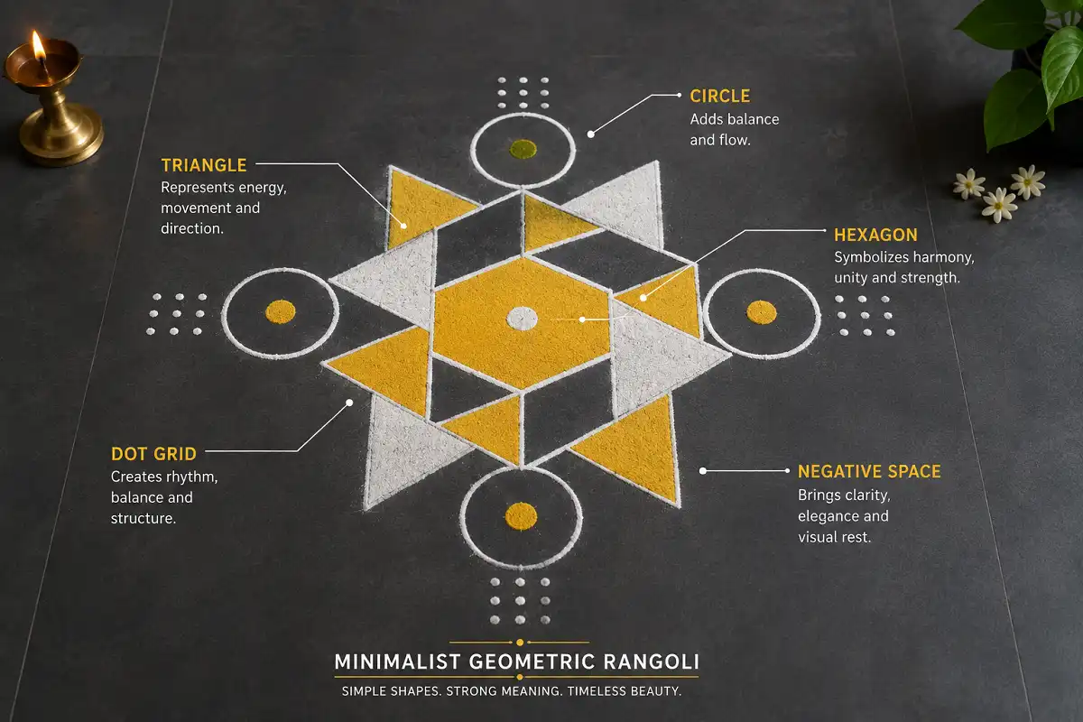 Labeled minimalist geometric rangoli showing triangles, hexagon, circles, and open space on a dark floor