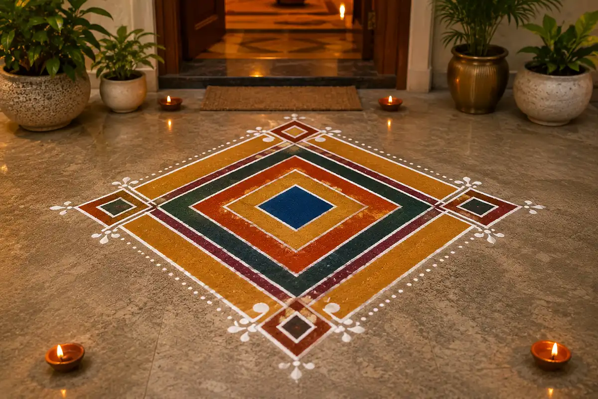 Colorful modern diamond rangoli with layered geometric shapes at a home entrance