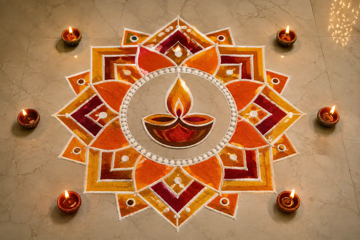 Modern Diya geometric rangoli with layered geometric patterns in gold, orange, red and white