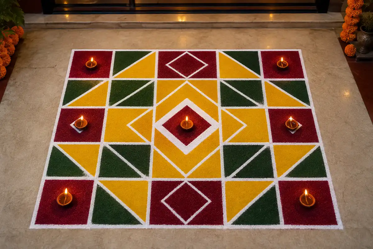 Modern grid rangoli with geometric squares, diamonds, triangles and colorful patterns