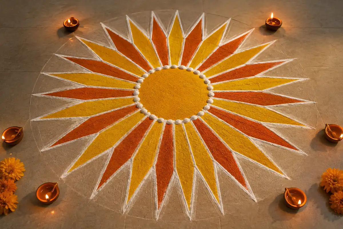 Modern sunburst rangoli with yellow and orange rays, white outlines and glowing diyas