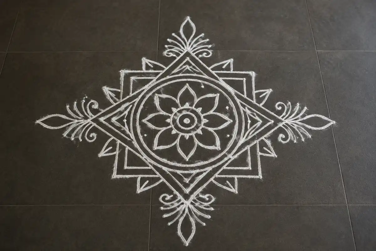 White monochrome line rangoli with geometric squares, diamonds, circles and lotus motifs