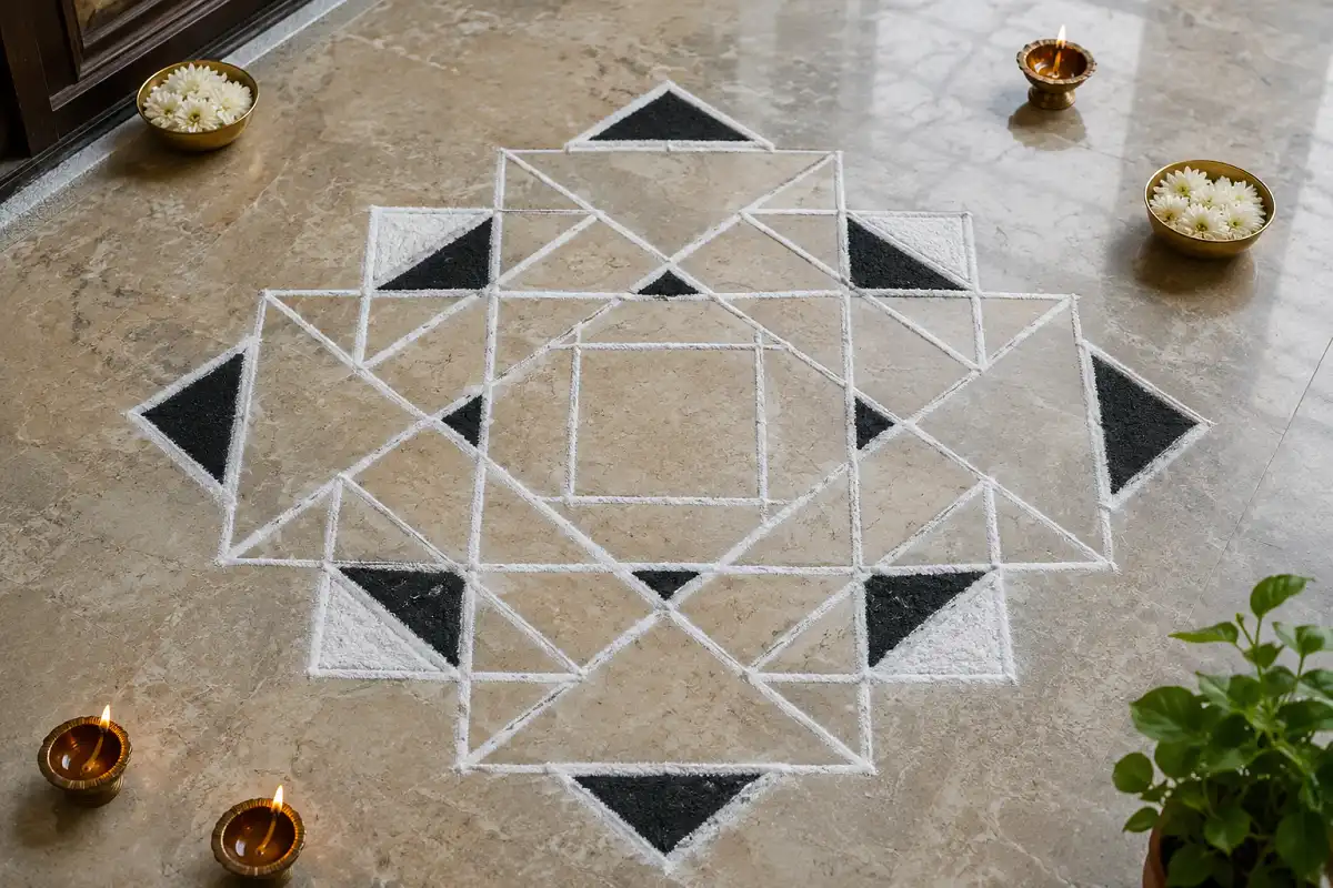 Negative space geometric rangoli with clean white outlines and black geometric accents