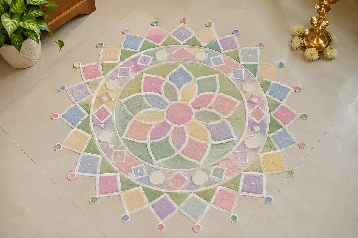 Elegant pastel geometric rangoli with blush pink, sage green, soft blue, lavender and cream shapes