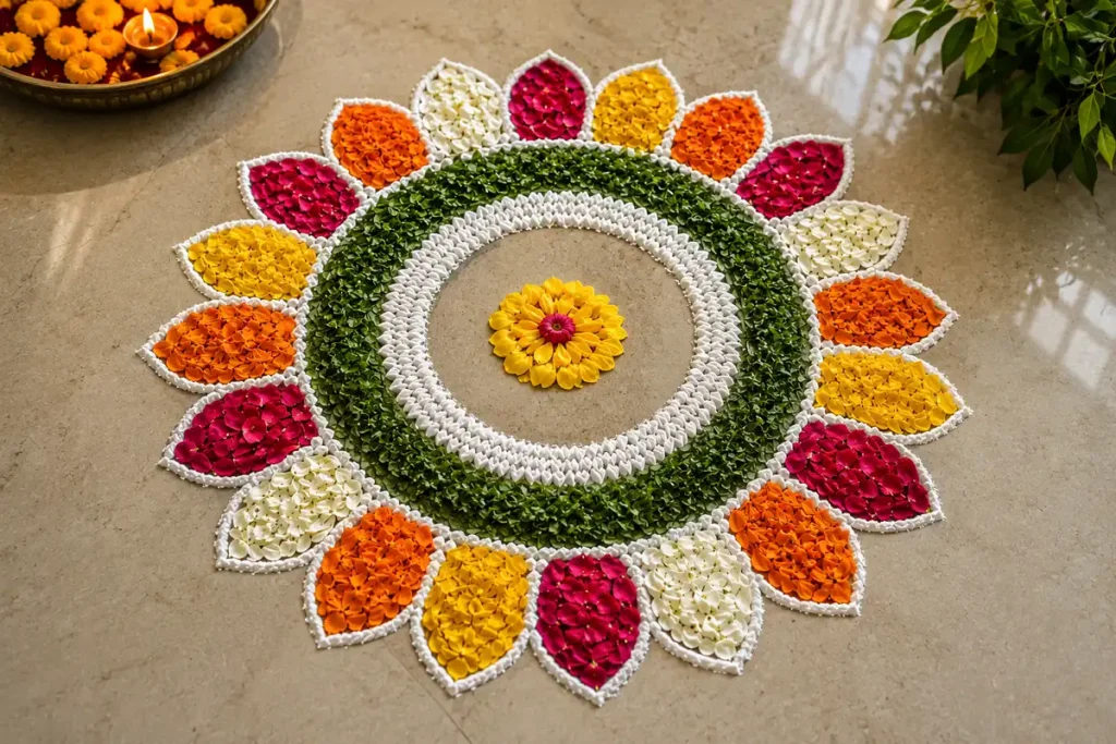 Colorful petal border rangoli design arranged in a circular pattern on the floor