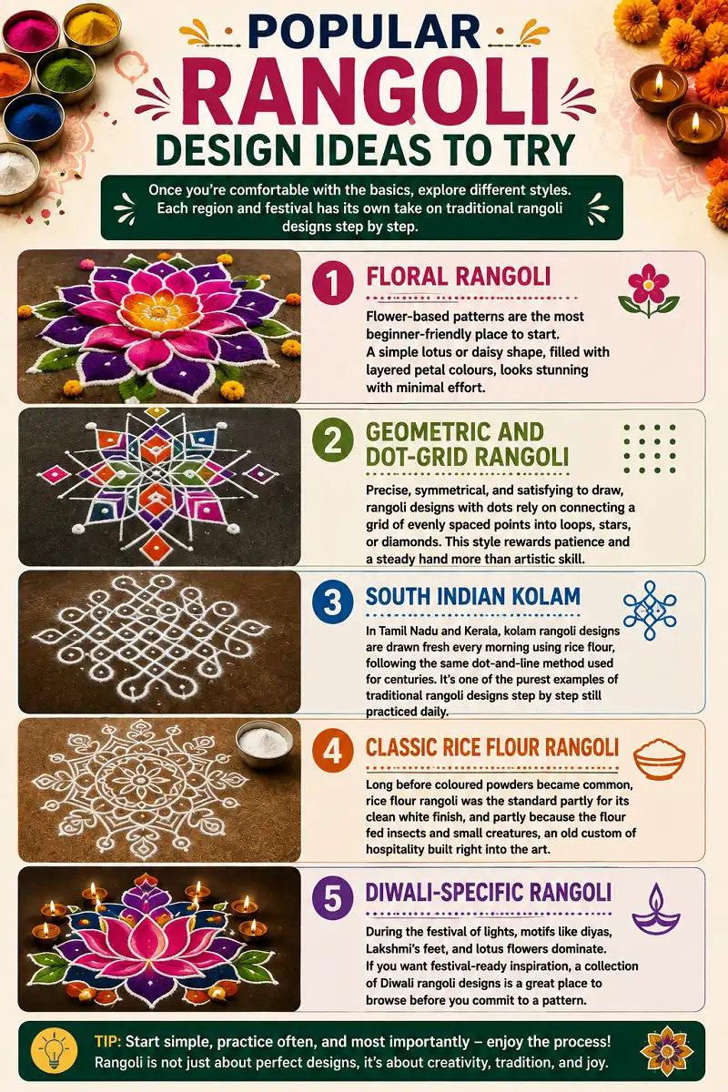 Five popular rangoli styles including floral, geometric, kolam, rice flour, and Diwali designs