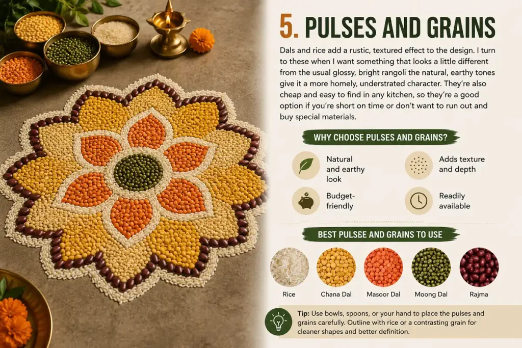 Pulses and grains used to create a rustic rangoli design