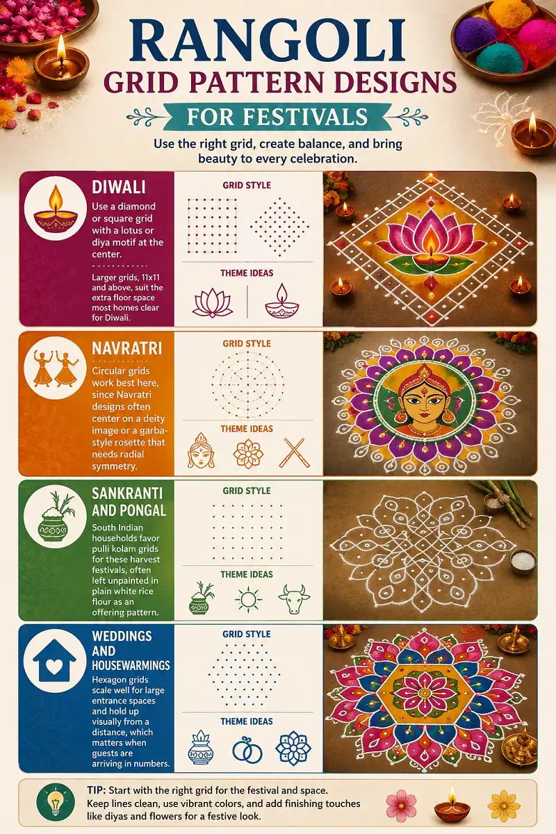 Infographic showing rangoli grid patterns for Diwali, Navratri, Pongal, weddings, and housewarmings.