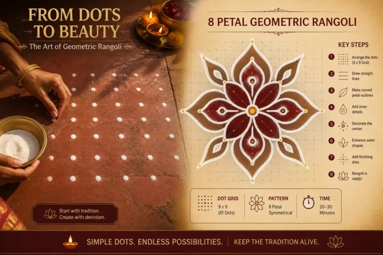 rangoli grid pattern designs shown as a dot grid turning into a finished geometric star pattern