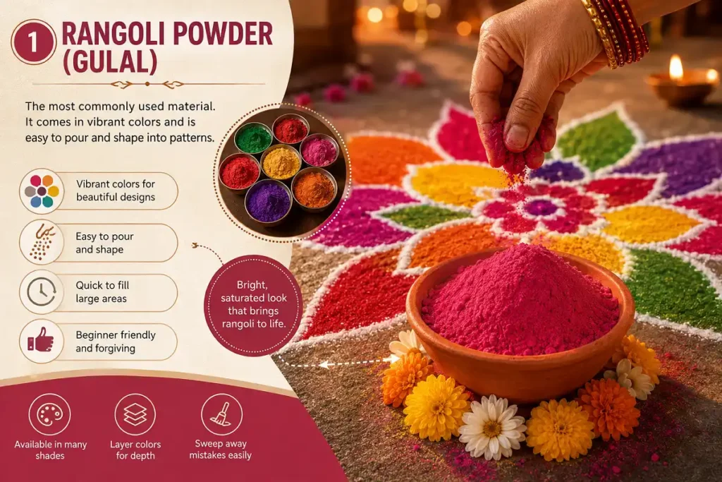 Rangoli powder adds vibrant color and makes designs easy for beginners