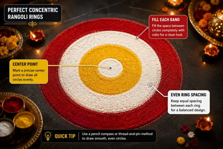 Infographic showing how a rangoli with concentric circles is built from a center point outward with evenly spaced colored rings