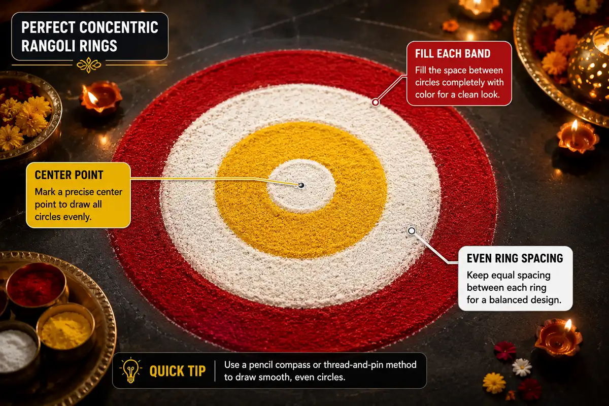 Infographic showing how a rangoli with concentric circles is built from a center point outward with evenly spaced colored rings