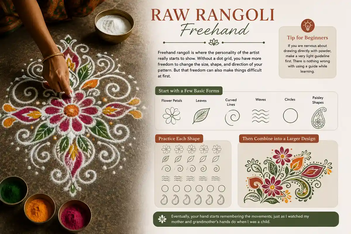 Freehand rangoli guide showing basic shapes, practice steps, and a colorful rangoli design