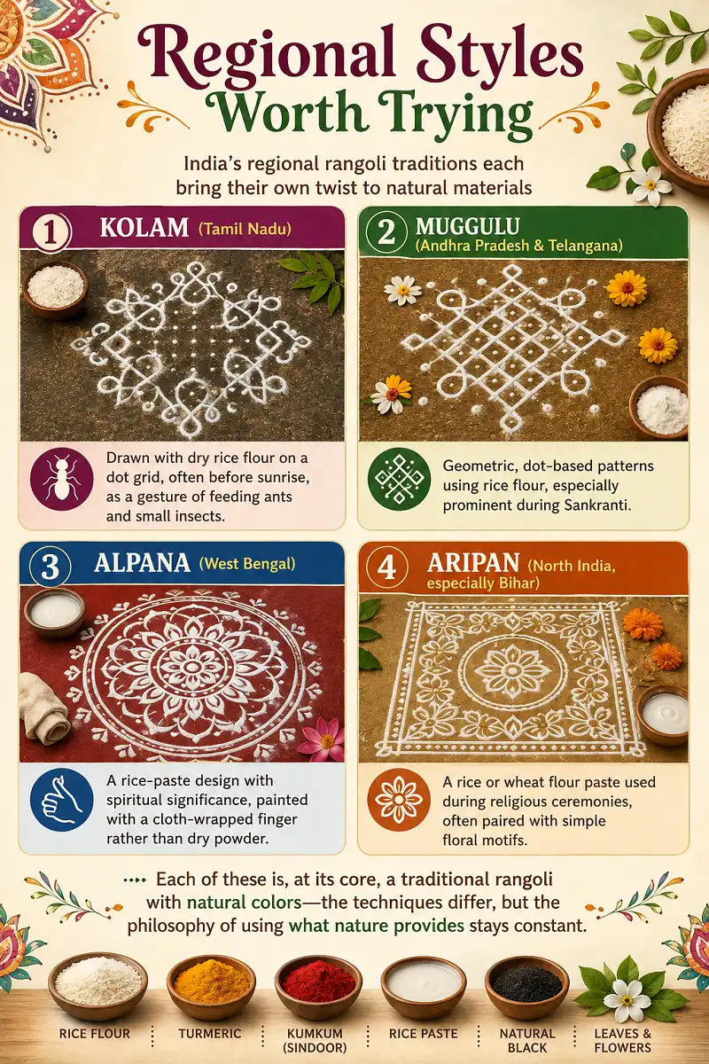 India’s regional rangoli traditions each bring their own twist to natural materials. Explore Kolam, Muggulu, Alpana, and Aripan, from rice flour dot patterns to rice paste designs, while celebrating nature’s colors and traditional techniques.