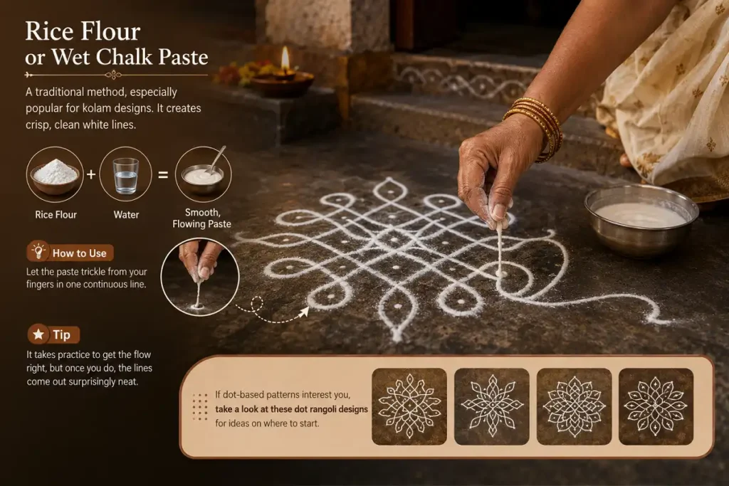 Rice flour or wet chalk paste creates crisp white kolam lines