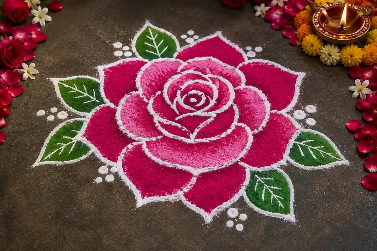 Rose-inspired flower rangoli design