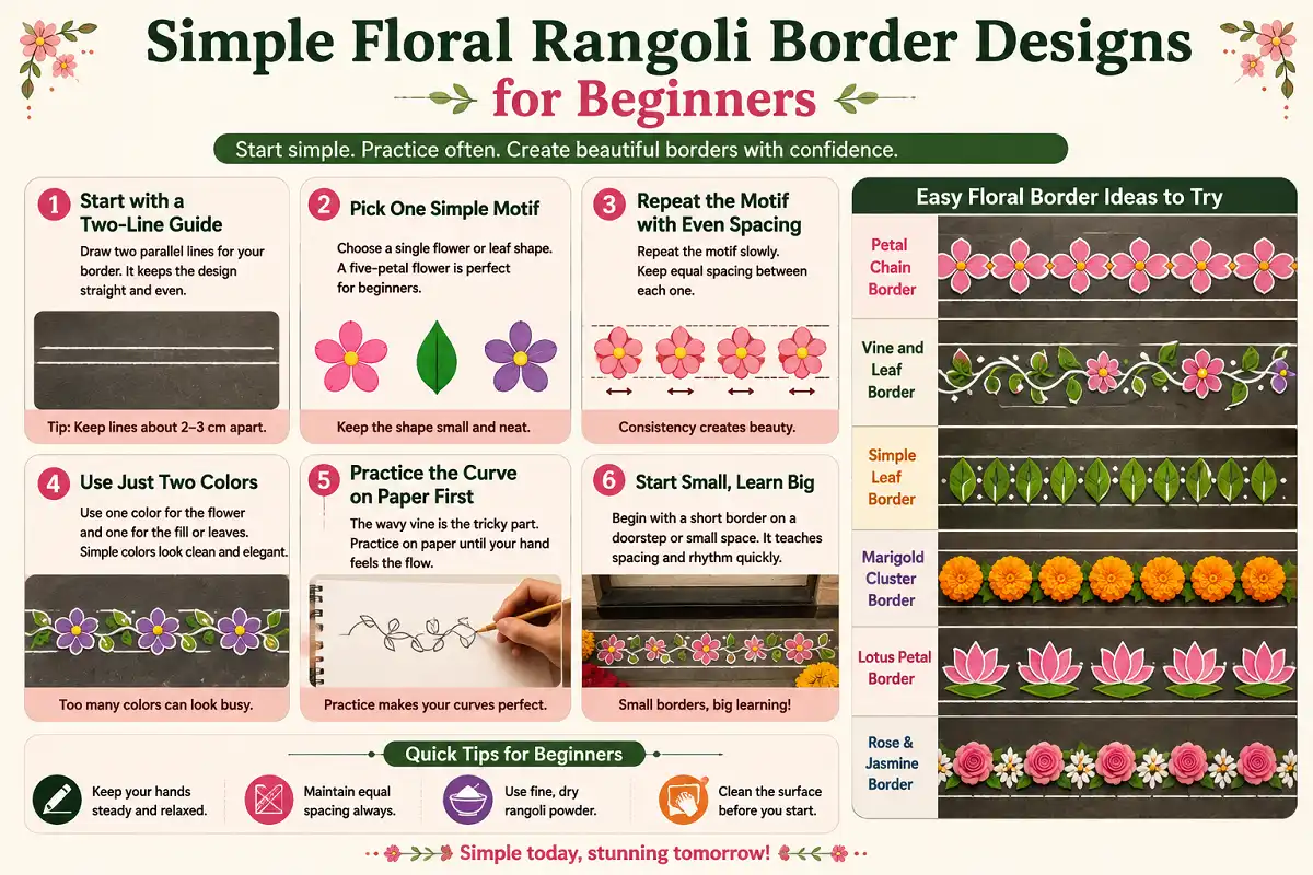 Infographic with easy floral rangoli border ideas and beginner tips for simple designs.