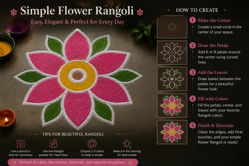 Simple flower Rangoli with colorful petals and step by step design guide