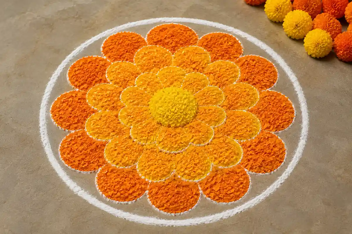 Simple marigold flower rangoli design