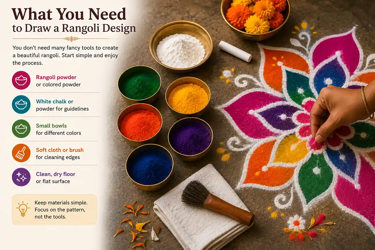 Rangoli powder, chalk, bowls, brush and clean floor for drawing a rangoli