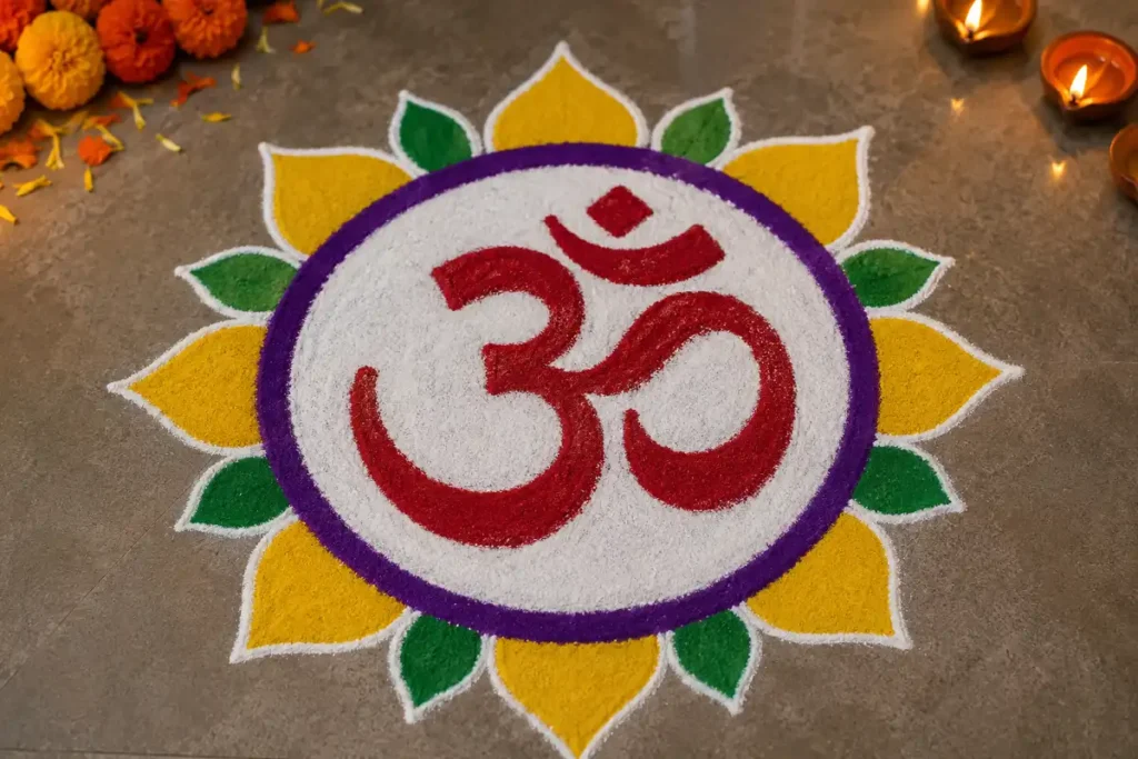 Simple Om rangoli design with red Om symbol, white center, yellow and green lotus petals, purple border, and decorative diyas.