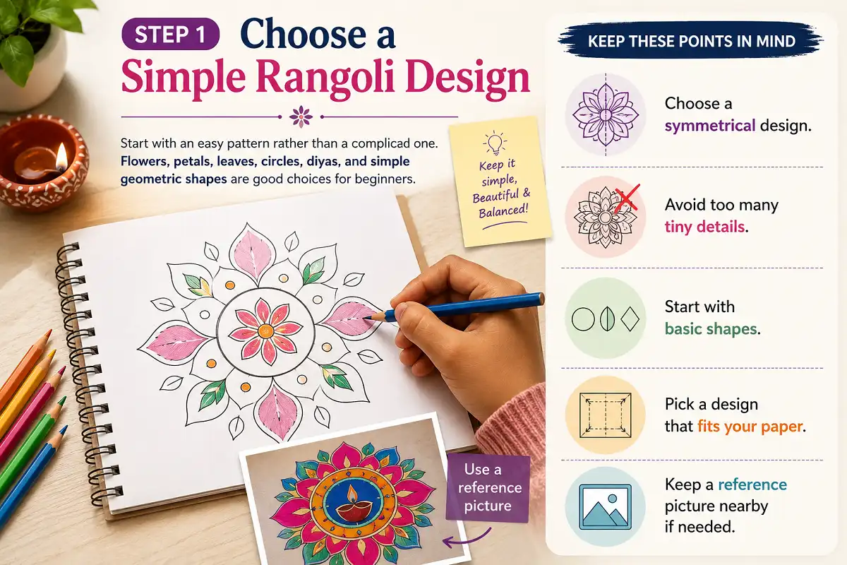 Beginner rangoli design with simple flowers, petals, leaves, and geometric shapes.