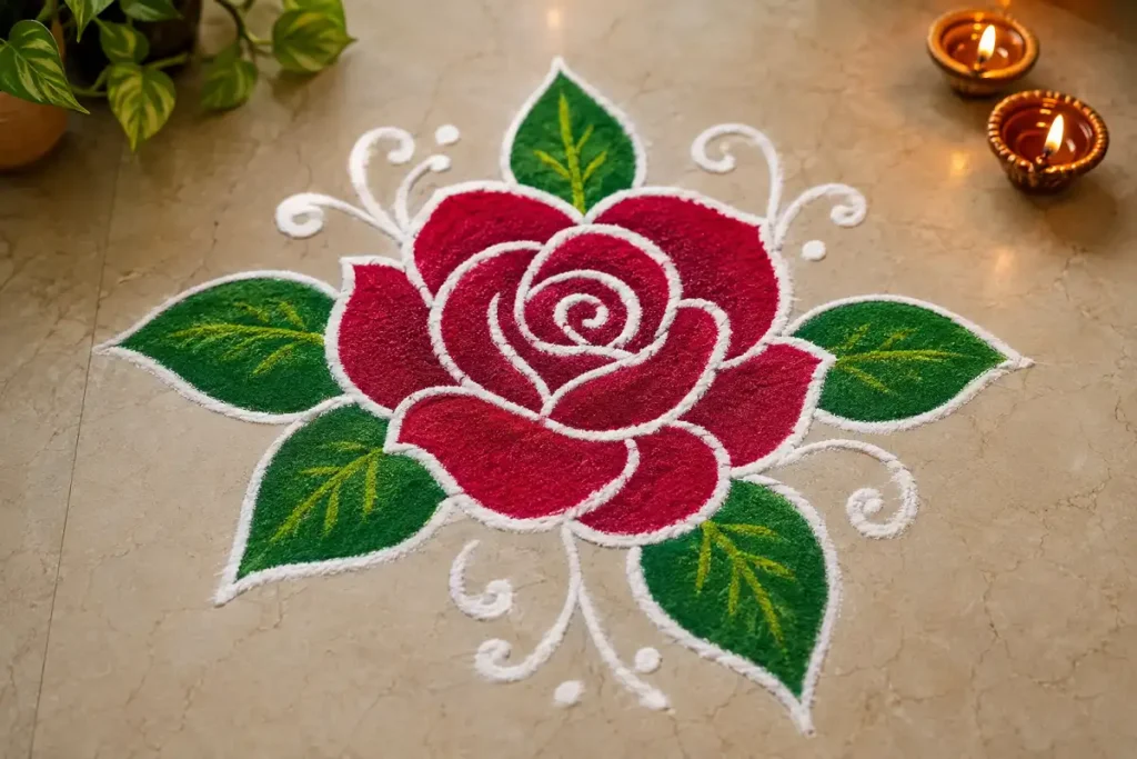Simple red rose rangoli with green leaves and white decorative patterns on a beige floor