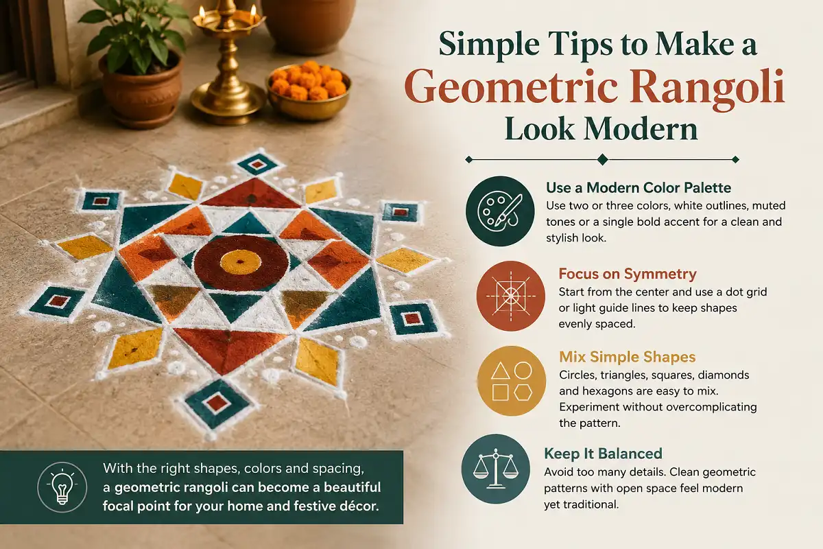 Modern geometric rangoli with simple shapes, balanced spacing and a stylish color palette