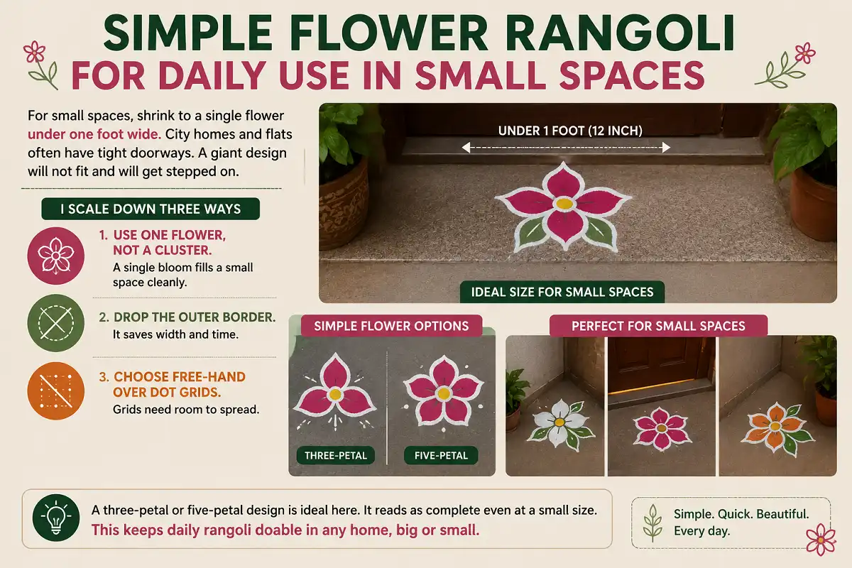 Infographic showing simple flower rangoli ideas for daily use in small spaces and narrow doorways.