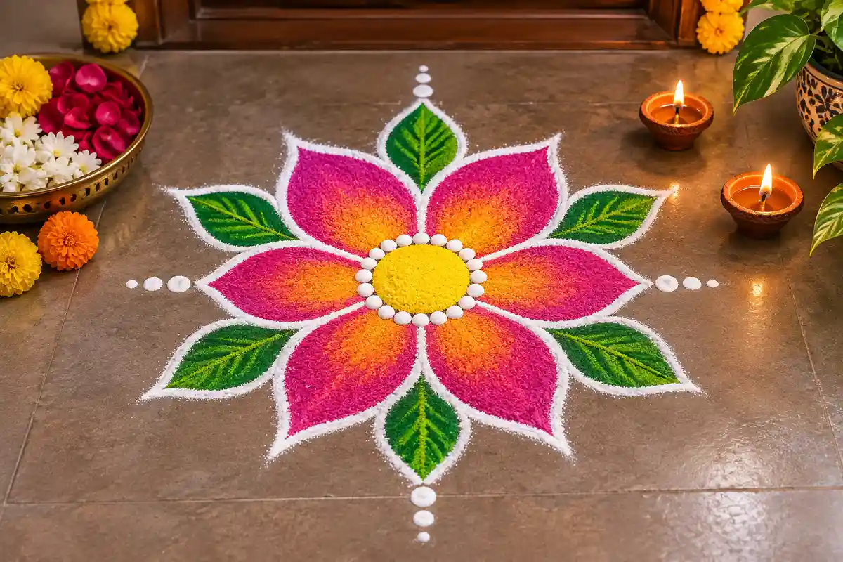 Six-petal flower rangoli design with pink orange and green colors