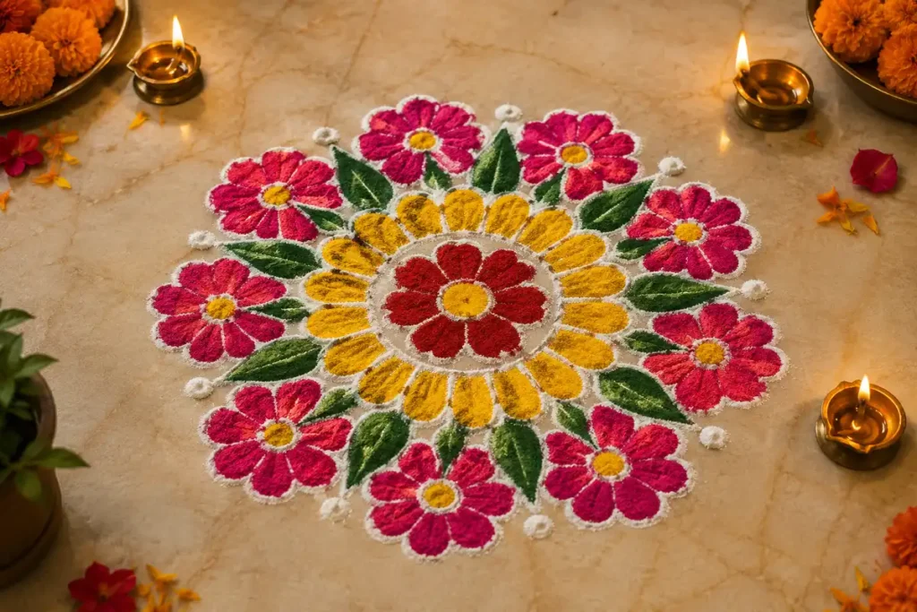 Small circular flower rangoli with colorful floral patterns, green leaves, and glowing diyas on a marble floor