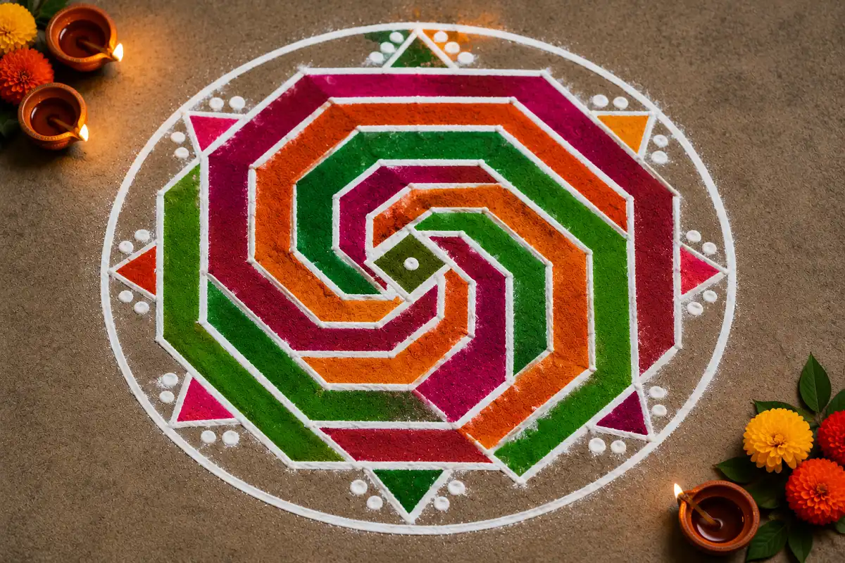 Colorful spiral geometric Rangoli with angular patterns