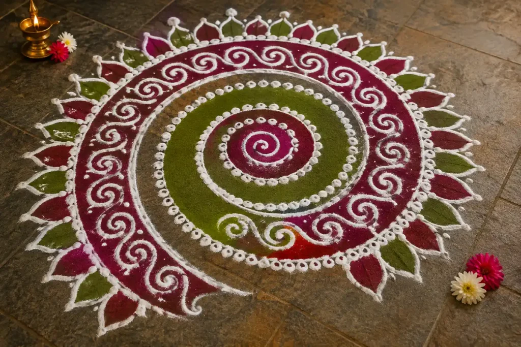 Spiral Kolam rangoli with colorful floral patterns and diya decorations