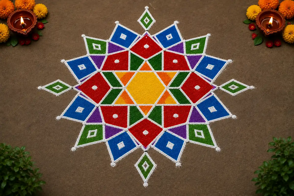 Colorful star and diamond Rangoli with symmetrical layers