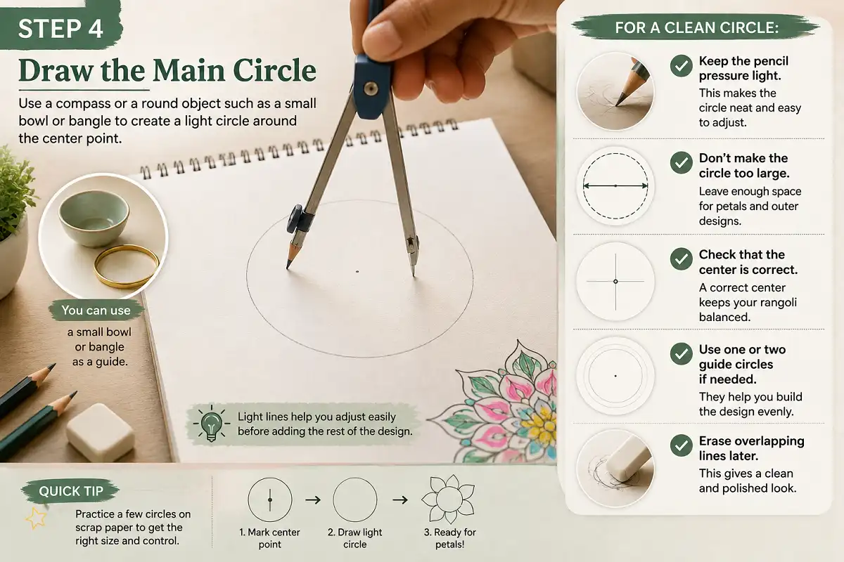Rangoli step 4 showing how to draw a light main circle with a compass.